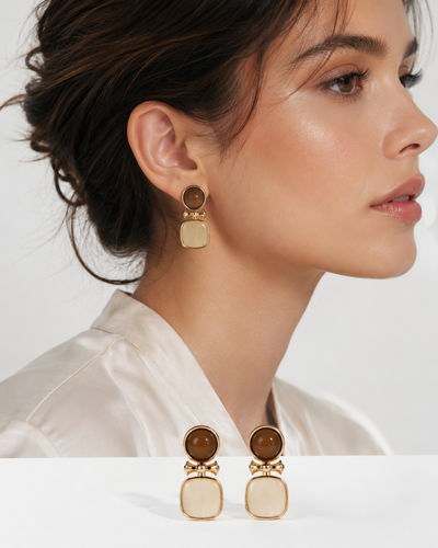 گوشواره زنانه هندسی شیری و قهوه ای ضد حساسیت و رنگ ثابت کد E105